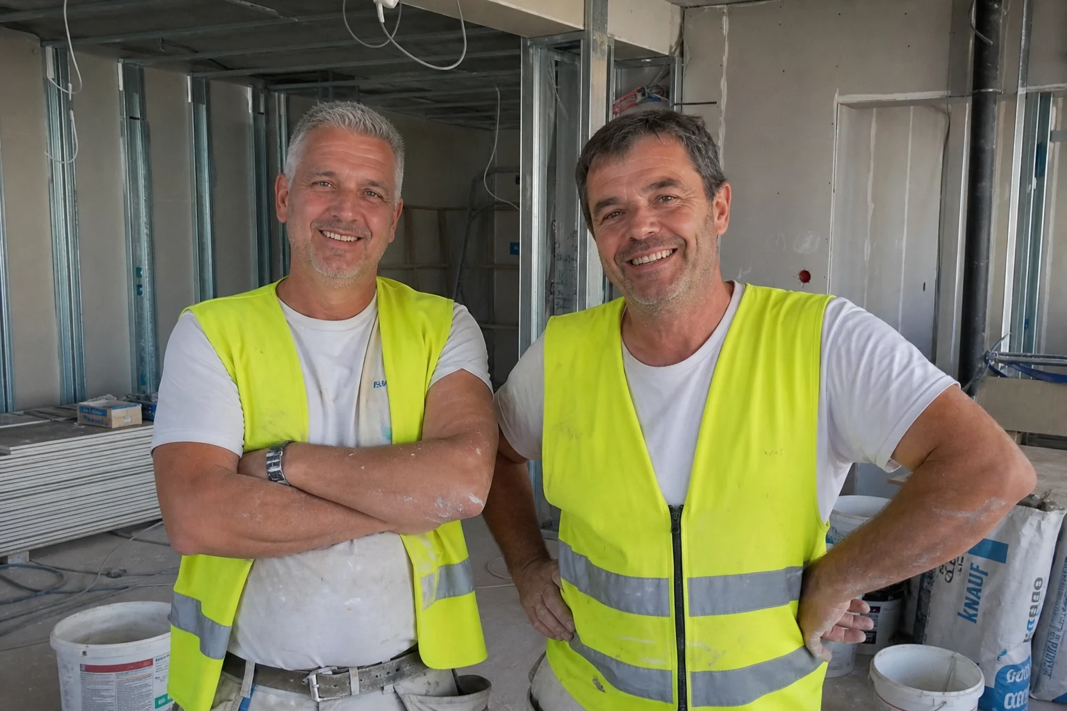 Trockenbau-Team vor der Baustelle